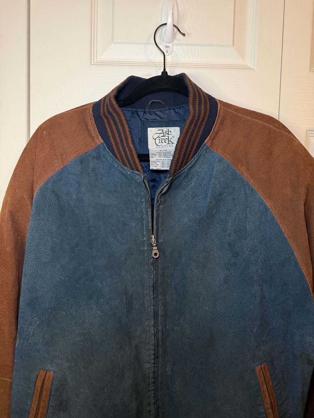 Ash Creek Trading Vintage Suede Leather Bomber Jacket Blue Brown Size XL